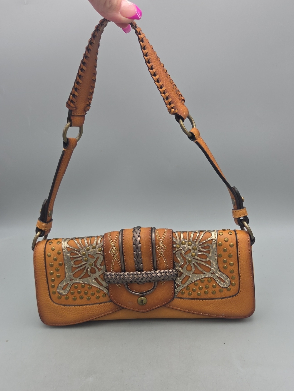 Vintage Cole Haan G Series Tooled Leather Bag Studded Boho Y2K Bag